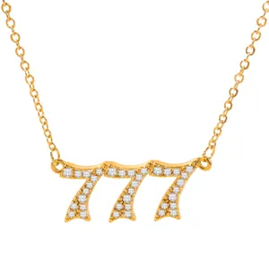 Golden 777 angel number necklace with shimmering pavé crystal pendant on delicate chain