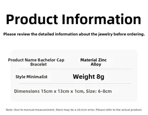 Detailed product specifications for the zinc alloy graduation cap bracelet with dimensions