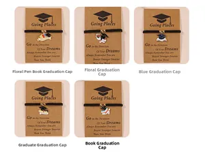 Macro detail of hand-woven graduation bracelets with enamel doctor cap charms on cards
