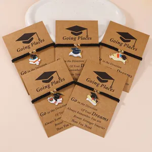 Graduation Cap Enamel Pendant Braided Bracelet For Men Women Handmade Adjustable Graduation Gift With Inspirational Card Jewelry