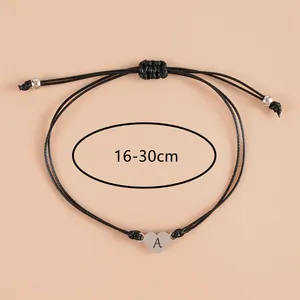 Adjustable black woven rope bracelet with heart-shaped stainless steel letter A charm