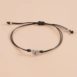 Stainless Steel Heart Initial Letter Woven Bracelet For Women Men Black Wax Rope Adjustable Minimalist Personalized Jewelry