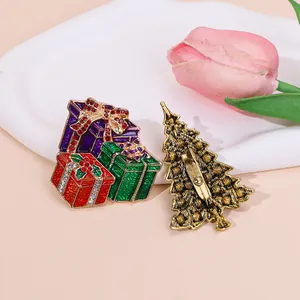 Christmas Enamel Brooch Alloy Rhinestone Christmas Tree Gift Box Pin Badge Festive Party Women Men Jewelry Decoration
