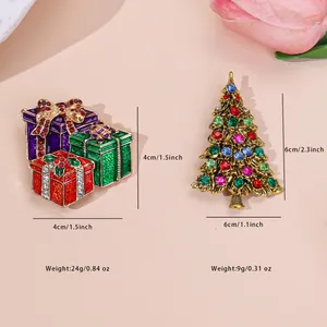 Christmas tree and colorful gift box pins with vibrant crystals and gold finish