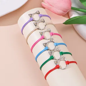Handgevlochten Touwarmband Met Legering Holle Kattenkop Bedel Verstelbare Wensarmband Voor Dames Heren Eenvoudige Sieraden Cadeau