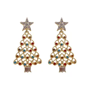 Eleganti orecchini ad albero di Natale dorati con strass colorati per feste natalizie