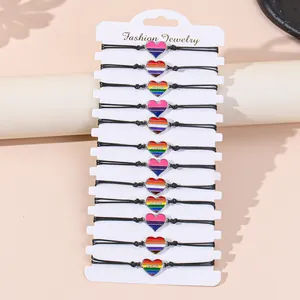 Rainbow Heart Enamel Woven Bracelet Collection LGBTQ Pride Handmade Adjustable Wax Cord Jewelry For Men And Women