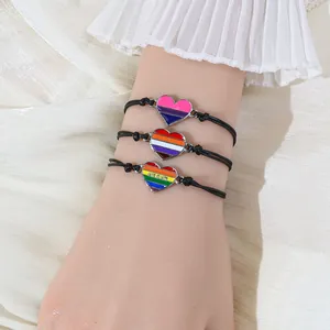 Three-piece colorful heart charm hand-woven adjustable rope bracelets with Love Is Love print