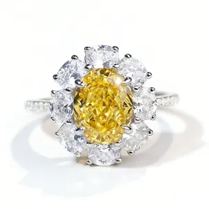 Elegant S925 silver flower ring with oval yellow gemstone and sparkling micro-pave stones