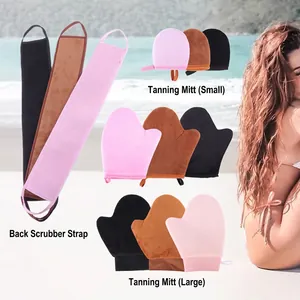 Three-piece sunless tanning glove set including back applicator and microfiber mitts