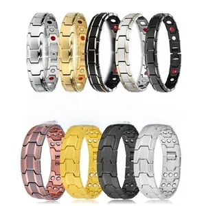 Detailed view of assorted magnetic health bracelets in silver, gold, and matte black finishes