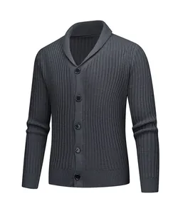 Men's charcoal grey shawl collar ribbed knit cardigan with button front closure