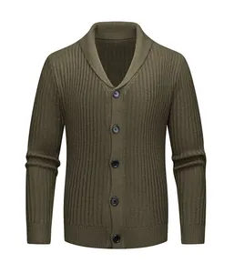 Men's olive green knit cardigan with shawl collar and classic button-down design