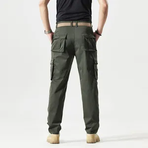 Detail view of military green tactical cargo pants with large back pockets and belt