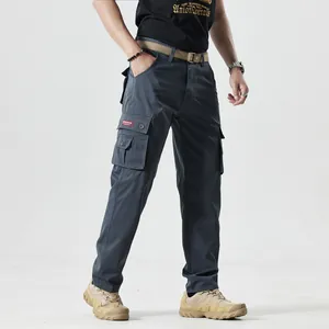 Men's dark grey cargo pants with side pockets and tactical belt in casual style