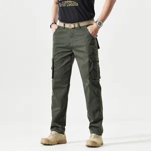 Men's military green cargo pants in straight fit with large functional side pockets