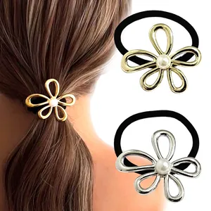 Fashion Metal Flower Bow Knot Elastic Hair Ties With Faux Artificial Pearl Alloy Gold Silver Hair Ropes For Women Daily Accessories