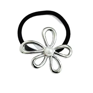 Elegant black hair tie featuring a silver hollow flower charm with a centered faux pearl