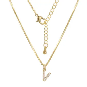 Gold tone letter V pendant necklace with sparkling rhinestones on a slim chain link