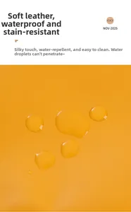 Detail of yellow waterproof faux leather fabric with water droplets showing texture