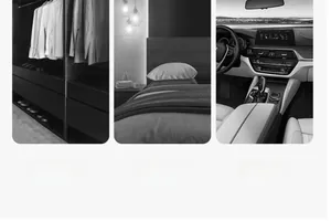 Three-way display of aroma stone usage in wardrobe, bedroom, and car interior settings