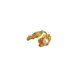 Vintage gold rose and leaf open ring with white pearl accent for women