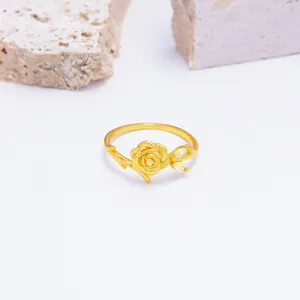 Anello rosa in argento sterling S925 placcato oro con foglie di zircone per donna