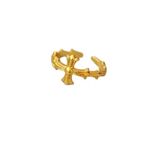 Retro Roman style golden cross open ring with vintage gothic carved wave design