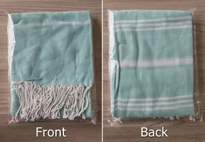 Mint green striped Turkish towel shown in front and back views with white tassels.