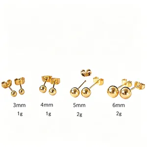 Minimalist gold titanium steel ball studs set in four sizes 3mm to 6mm with butterfly backs