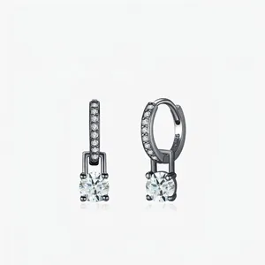 Vintage 925 Sterling Silver Moissanite Hoop Earrings For Women Gunmetal Black Rhinestone Geometric Maillard Style Jewelry
