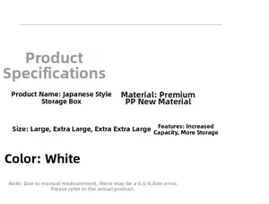 Detailed size specifications and material parameters for white PP plastic storage boxes