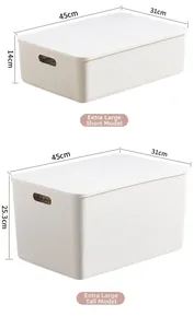Detailed size comparison of white large plastic storage bins with lids and side handles
