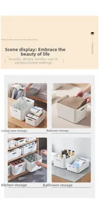 White minimalist plastic storage boxes with handles shown in four home living scenarios