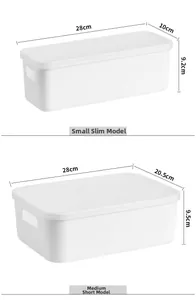 Detailed size chart for small narrow and medium short white plastic storage bins with lids