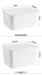 Size guide for plastic storage boxes in medium and large heights with cm dimensions