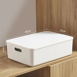 White stackable plastic storage bin with lid and cutout handles, 45x31x14 cm size
