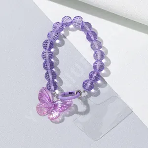 Creative purple beaded phone charm with transparent butterfly pendant and lanyard card