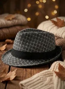Close-up of grey plaid fedora hat with black band on wooden desk with autumn leaves