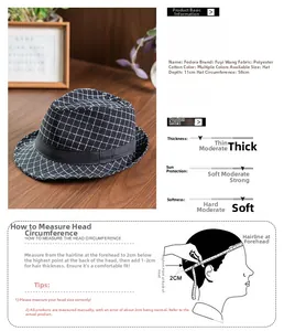 Size guide for British plaid fedora showing 11cm depth and 58cm circumference specs
