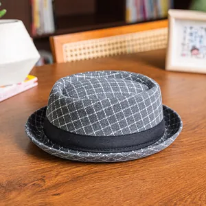 Vintage Plaid Pork Pie Hat For Men Women Autumn Winter Warm Polyester Fedora Hat British Style Jazz Cap Accessory