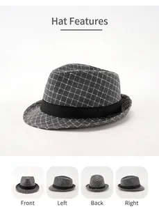 Detail view showing front, back, and side profiles of a grey plaid fedora jazz hat