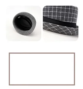 Detailed view of grey plaid fedora hat with premium stitching and breathable lining