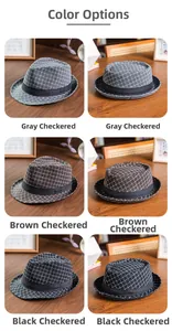 Detailed view of British style checkered fedora hats in grey, coffee, and black options