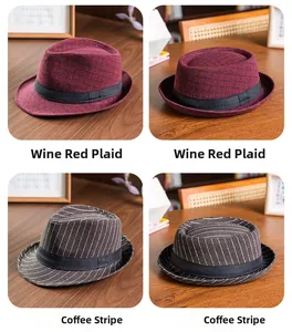 Detailed close-up of wine red checkered and brown striped gentleman hats with black ribbon