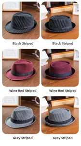 Detail of vintage wool fedora and pork pie hats in black, red, and grey stripes