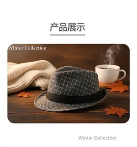 Detailed texture of dark grey plaid felt fedora hat on a cozy autumn wood surface