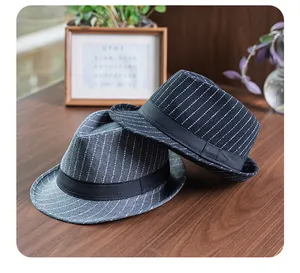 British style fedora hats in black and dark grey with classic pinstripe wool texture