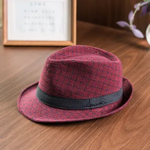 British Vintage Fedora Hat Unisex Polyester Checkered Striped Jazz Hat Retro Jazz Cap With Black Ribbon Wide Brim Casual Headwear