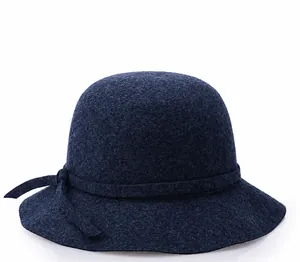 Close-up of a dark blue wool felt cloche hat featuring a stylish side bow detail